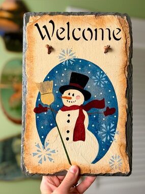 Vintage Rustic Winter Festive Welcome Snowman Decorative Slate Plaque
